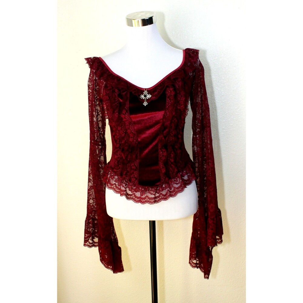 Whimsigoth Fairy Whitchy Pirate Crop Top Sz. 6 Burgundy Velvet Lace Romantic #02